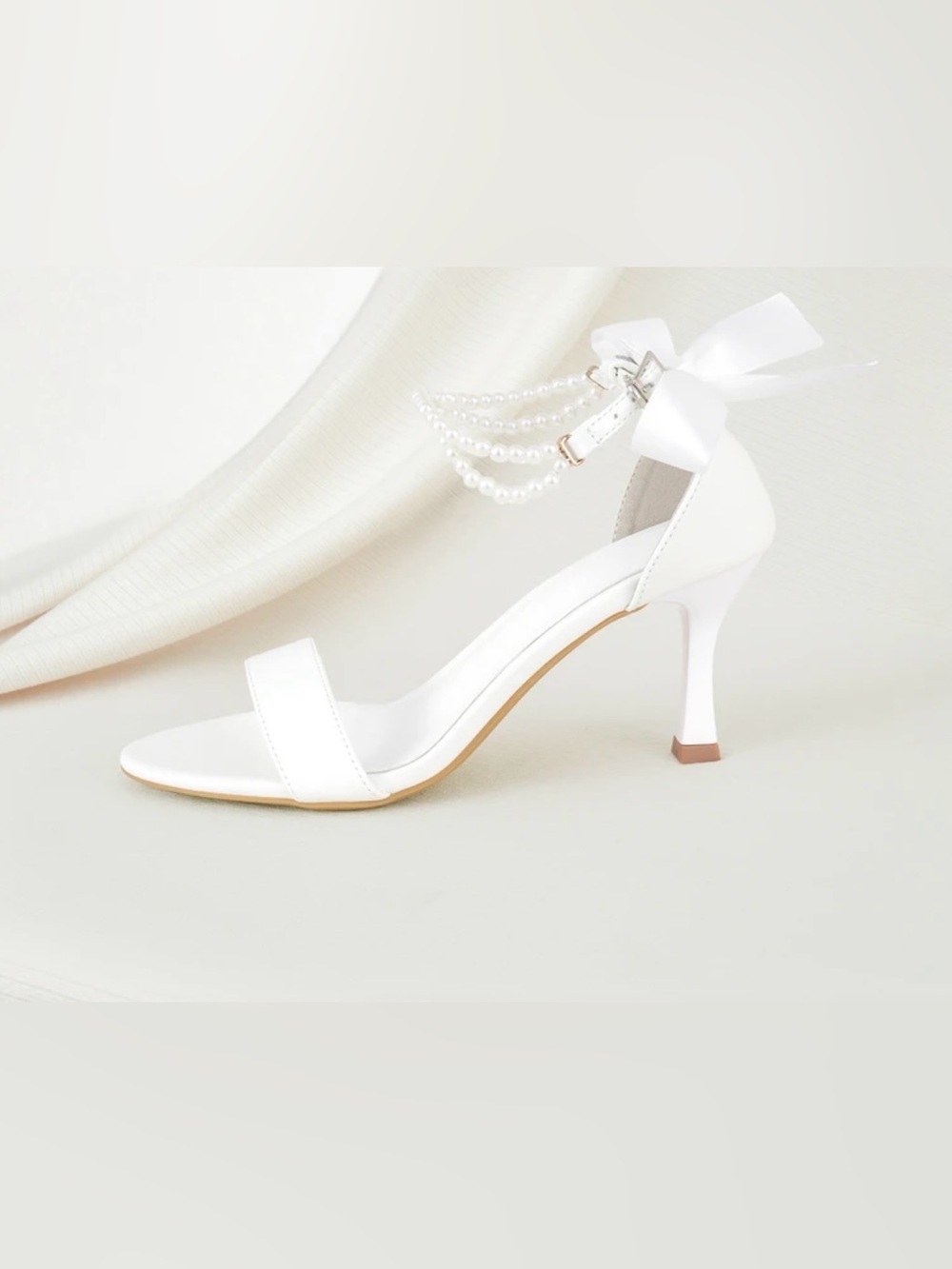 SHEIN White Pearl & Bow Ankle-Strap Heels, bridal/ wedding heels